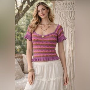 Vtg Union Label Pink and Brown Striped Knit Top/Sweater Ruffle Trim Size Small